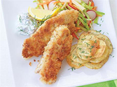 30LowCalMeals3 Sautéed Fish Sticks with Chips and Slaw recipe
