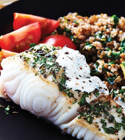 Creamy Dijon Halibut with Spinach Lemon Bulgur image None
