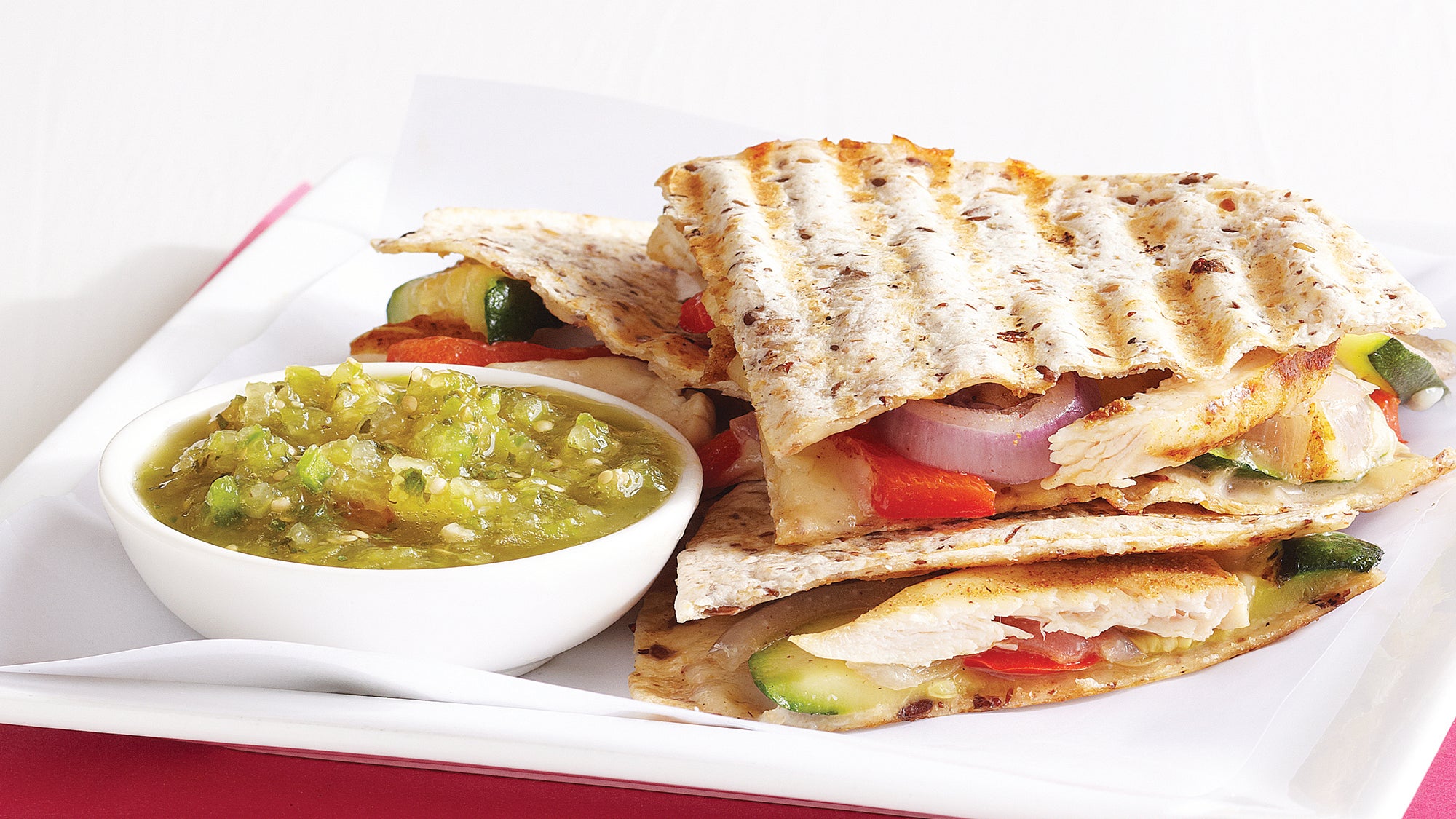Grilled Chicken & Vegetable Quesadillas with Tomatillo Sauce