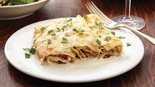 chicken cannelloni slideshow Creamy Chicken Cannelloni with Asiago Cheese & Turkey Bacon recipe