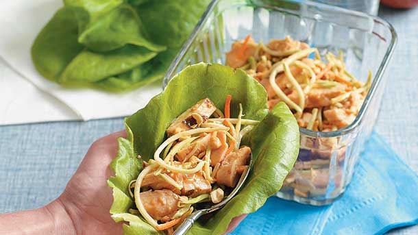 thai chicken wraps slideshow Thai Chicken Salad Lettuce Wraps with Peanut Sauce & Broccoli Slaw recipe
