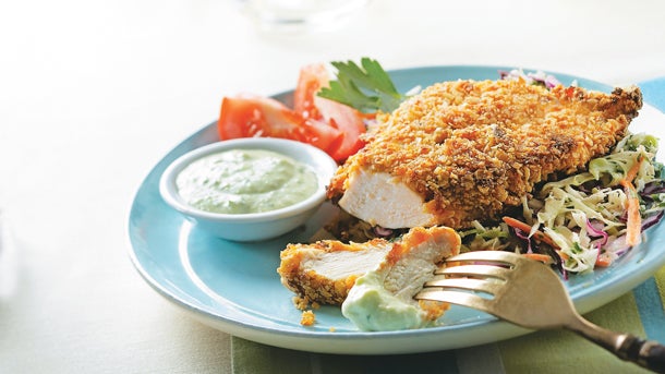 tortilla-chip-chicken-slideshow Tortilla Chip Chicken with Spicy Avocado Sauce recipe