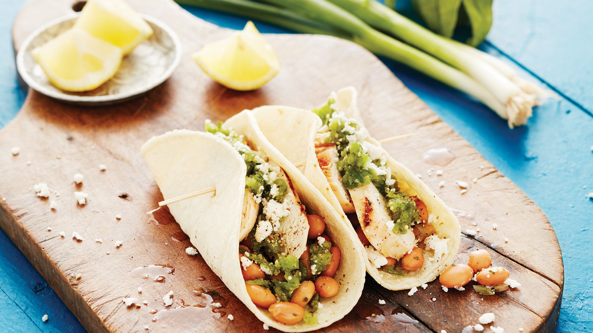 Garlic Lemon Chicken Tacos with Pinto Beans and Salsa Verde