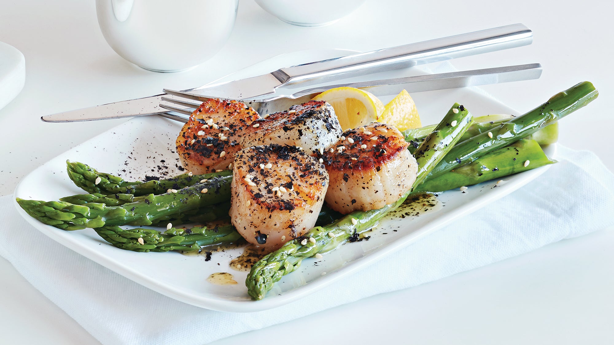 Seared Coriander Scallops with Nori Brown Butter and Asparagus 67 web Seared Coriander Scallops