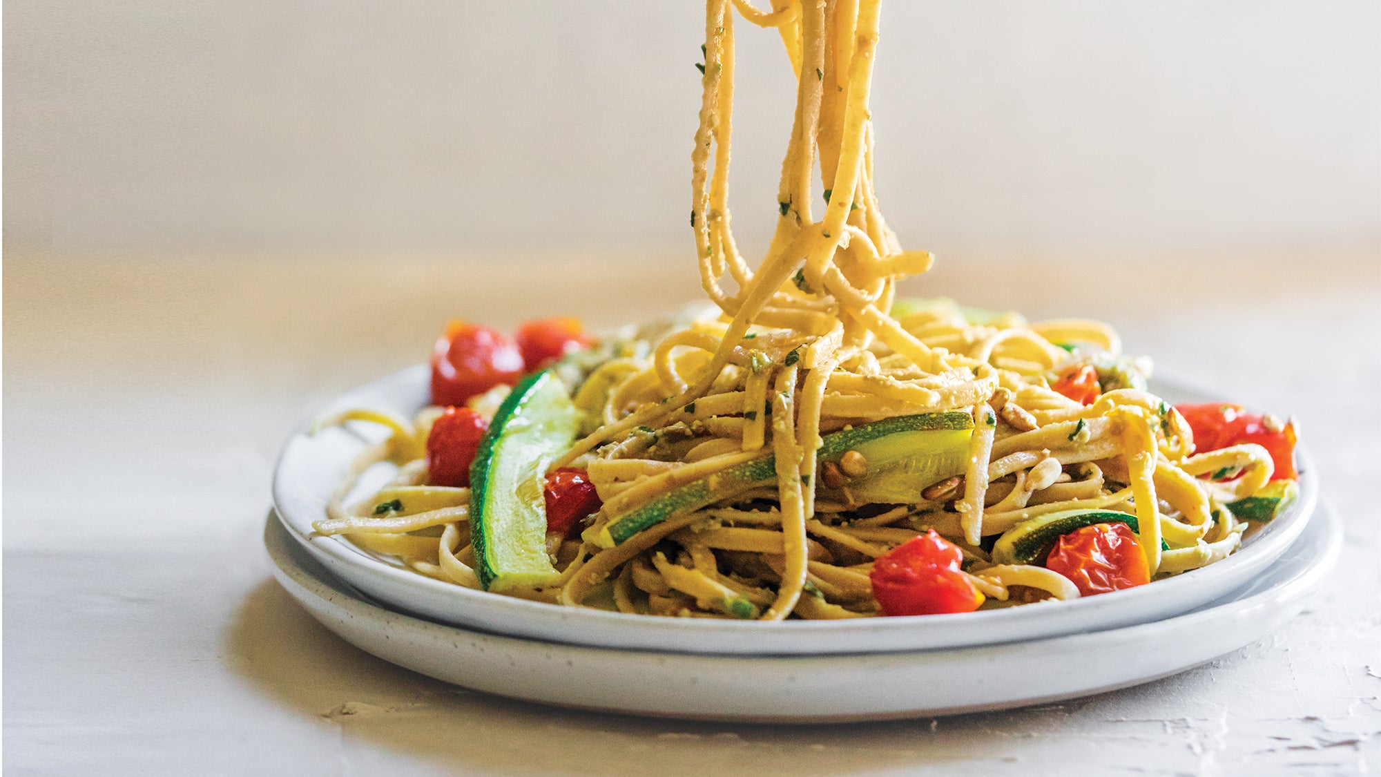 Roasted Vegetable Linguine with Zucchini & Sunflower Pesto Clean