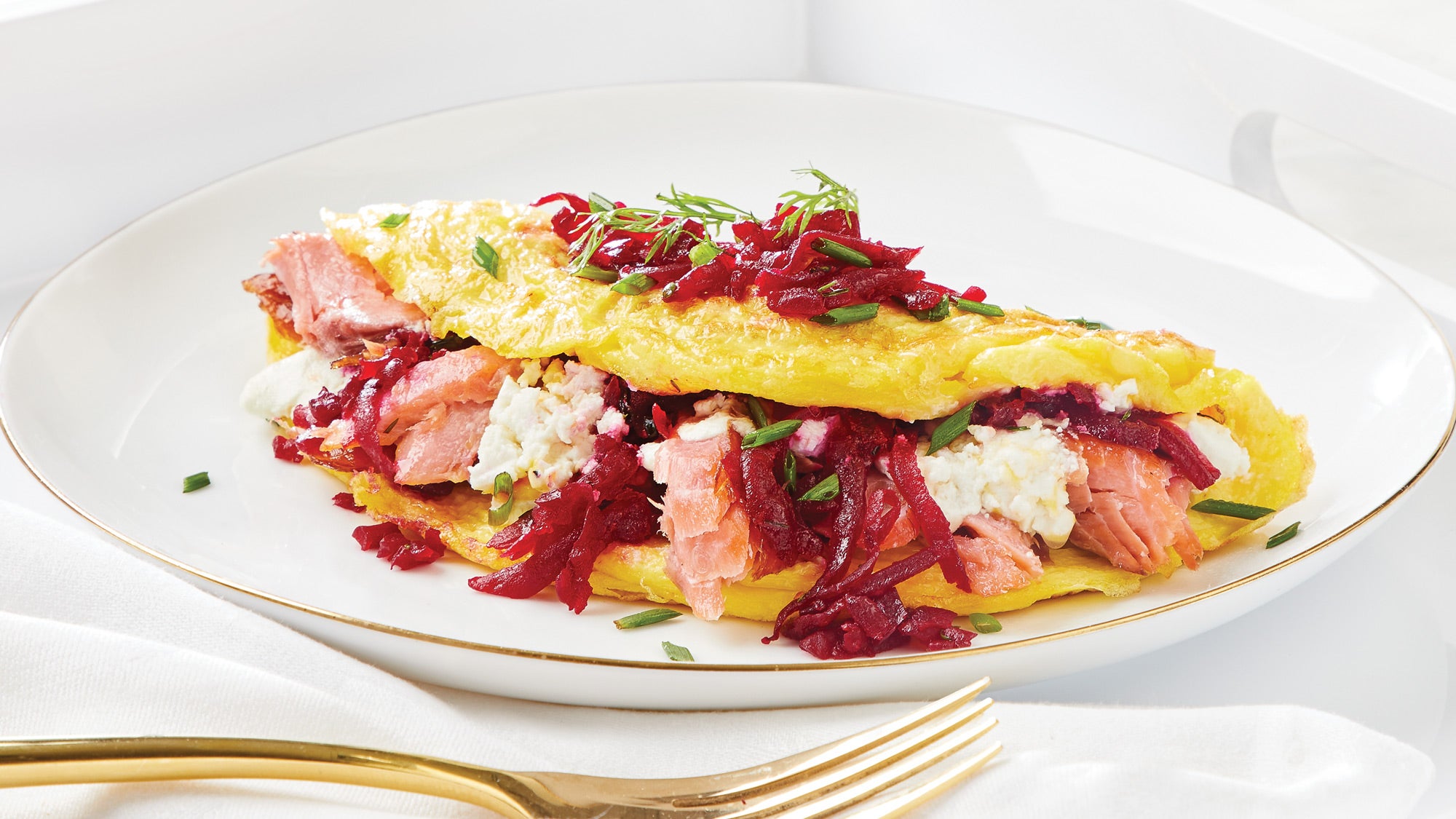 Curtis Stone's Smoked Salmon Omelette with Goat Cheese & Beet Relish Recipe