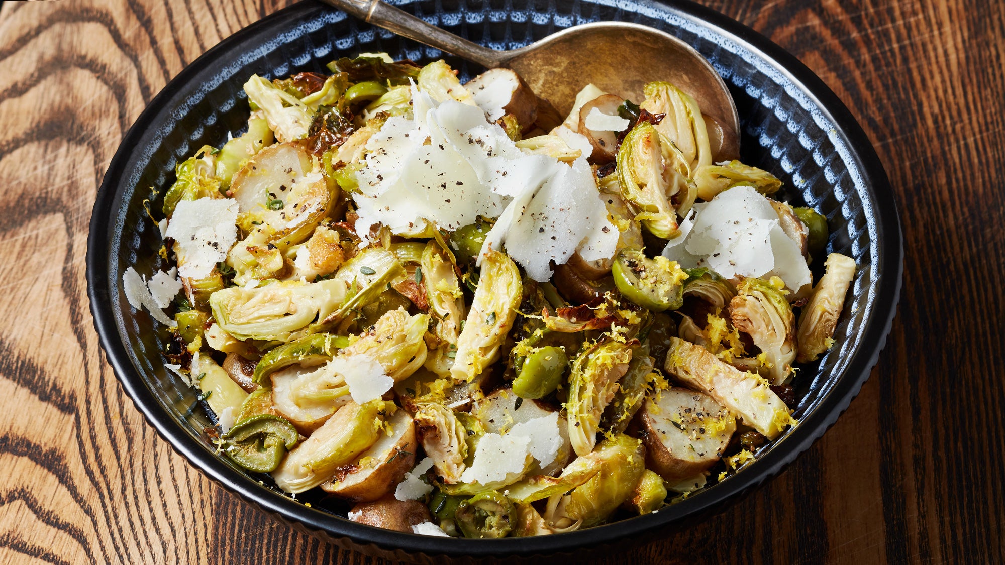 Crispy-Brussels-Sprouts-with-Sunchokes-&-Pecorino-&-Olives-WEB Crispy Brussels Sprouts with Sunchokes, Pecorini & Olives