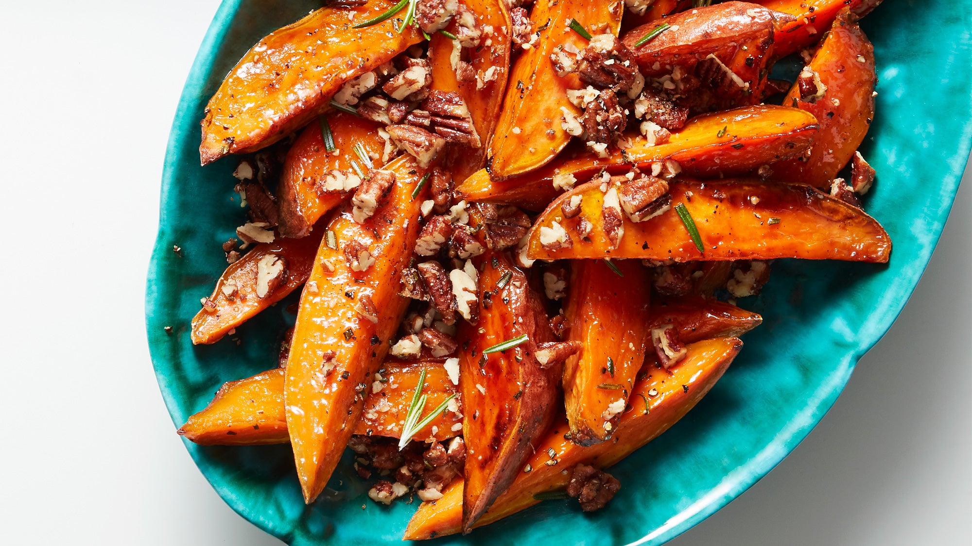 Vanilla-Glazed Sweet Potato Wedges with Candied Pecans