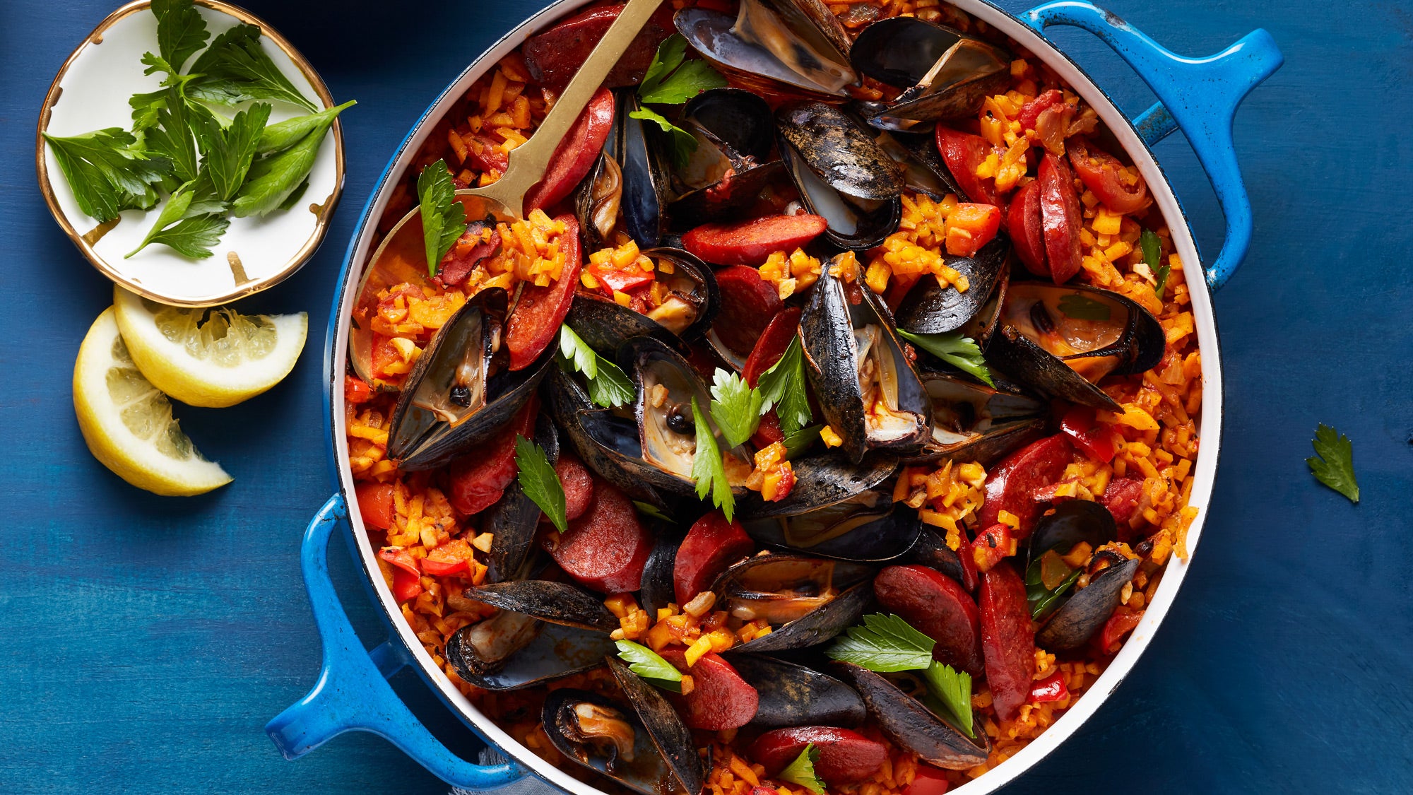 Squash-Rice Paella with Mussels & Chorizo recipe