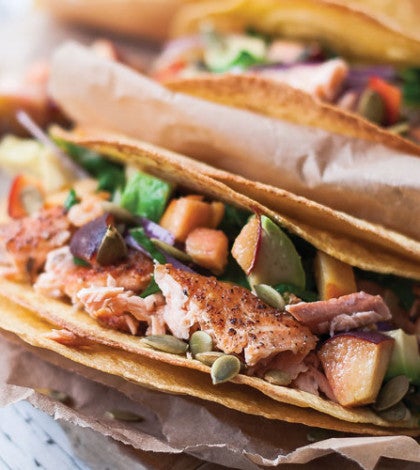 Salmon Tacos with Peaches & Fresh Basil image None