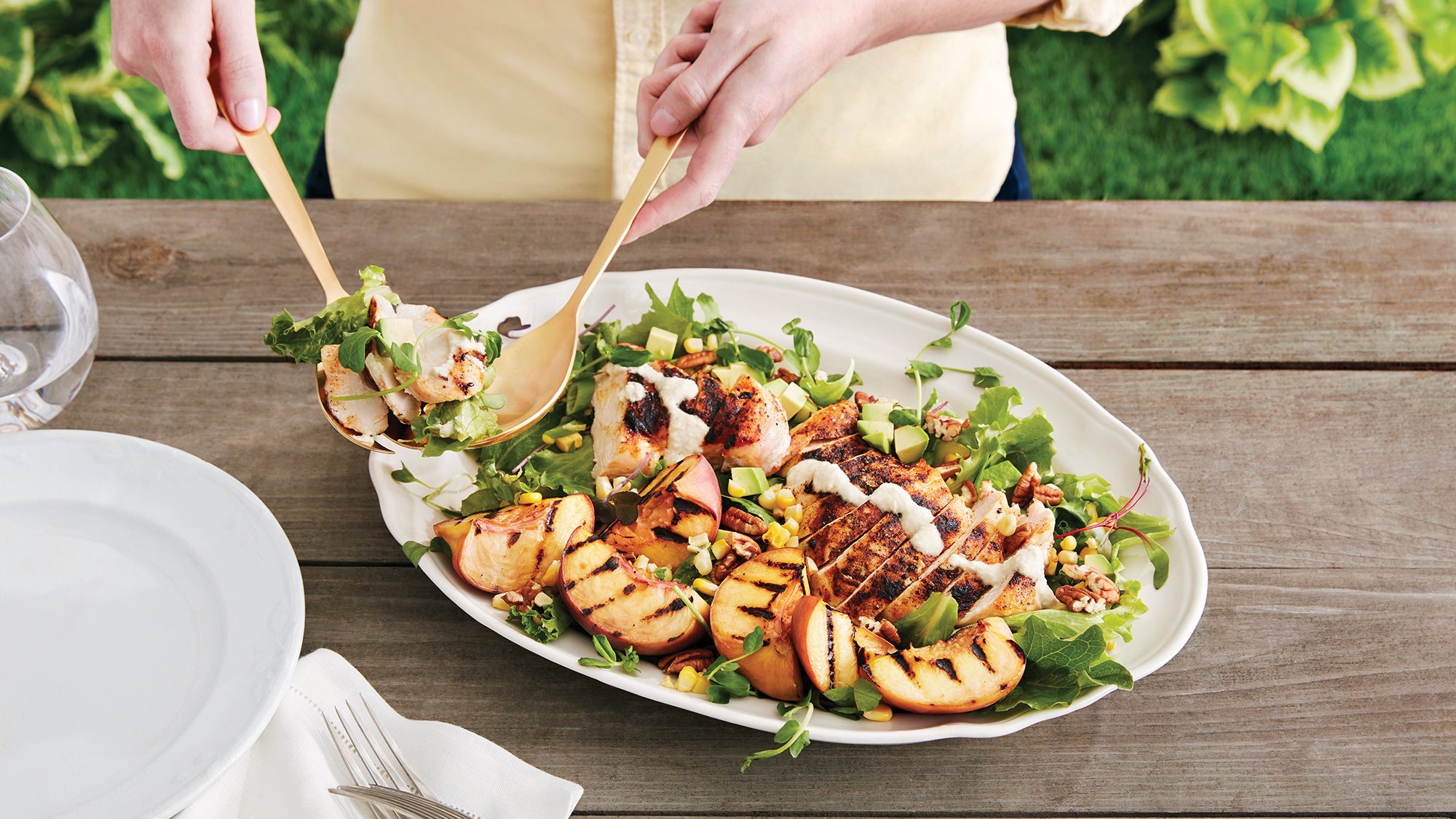 The Baja Grilled Peach Salad WITH SPICY CASHEW DRESSING Grilled peach summer salad recipe