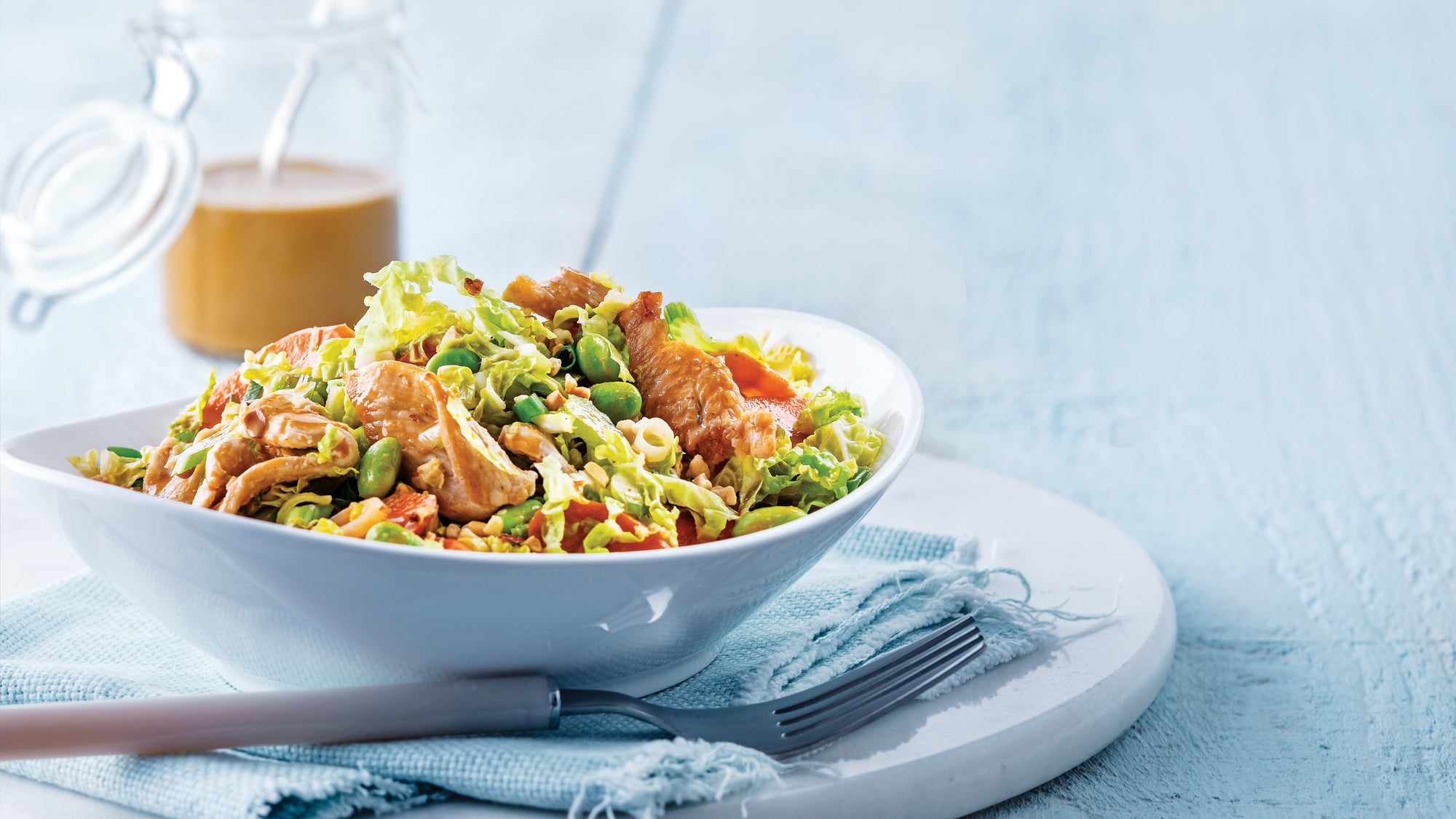 Chicken and Edamame Stir-Fry Slaw WITH SRIRACHA PEANUT VINAIGRETTE Chicken and Edamame Stir-Fry recipe