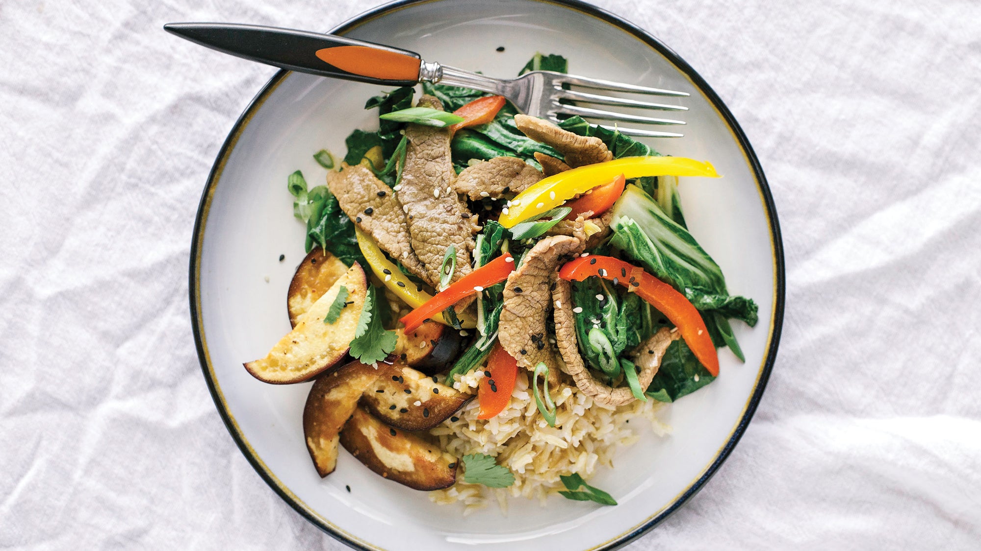 Ginger Lime Beef Stir Fry with Jasmine Rice and Spicy Eggplant Thai style beef recipe
