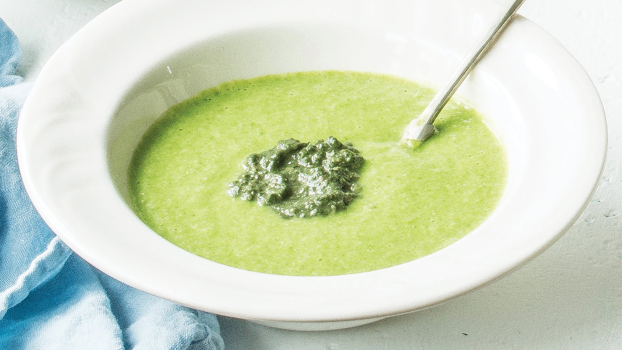 Creamy Pea Soup with Lemony Spirulina Pesto Creamy Pea Soup with Lemony Spirulina Pesto