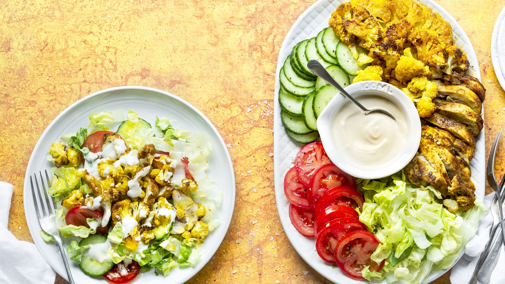 Chicken Donair Plate and Cauliflower Fish Cakes with Coconut Chutney recipes