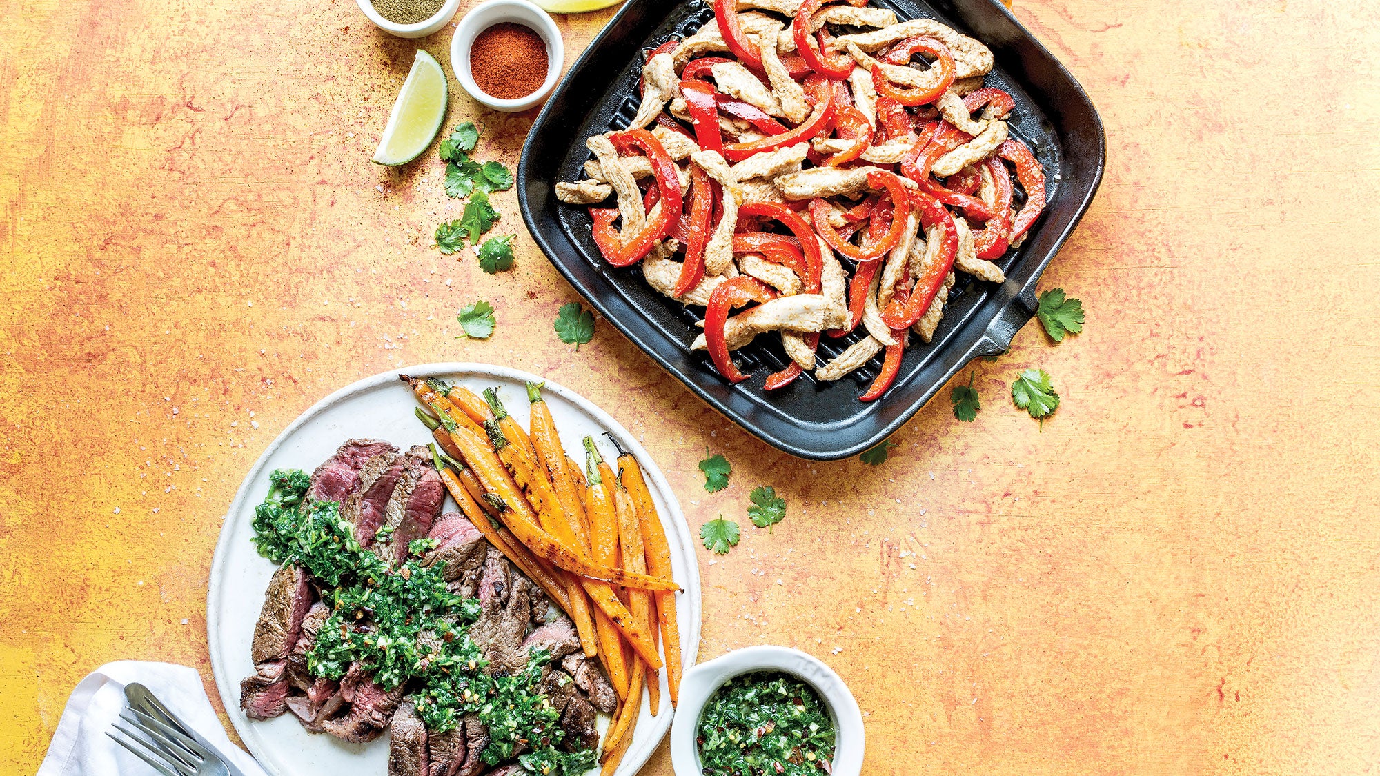 Flank Steak with Chimichurri Sauce & Roasted Carrots and Spicy Chicken Fajitas recipes