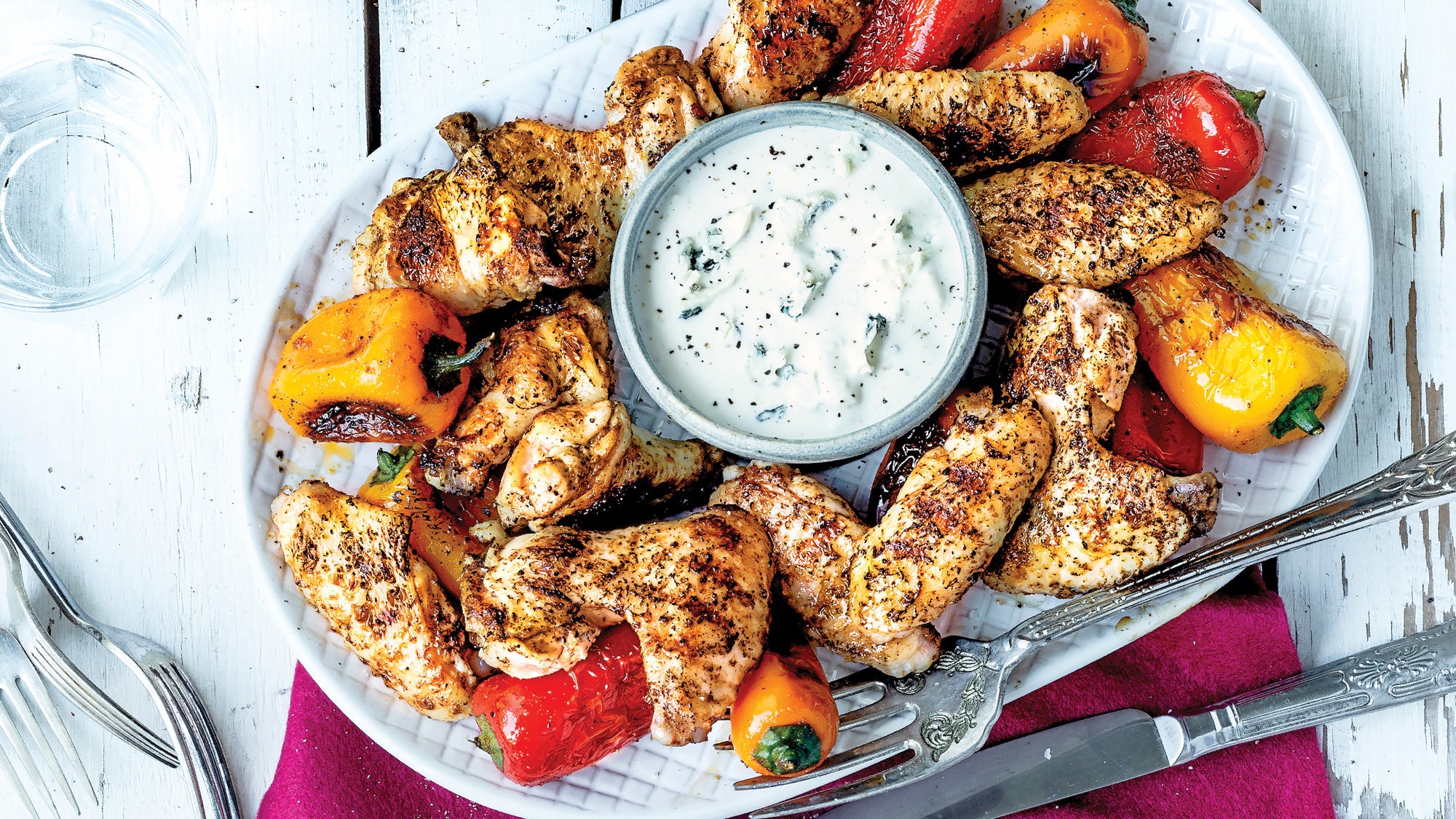 Grilled Chicken Wings with Mixed Bell Peppers & Blue Cheese Dip recipe