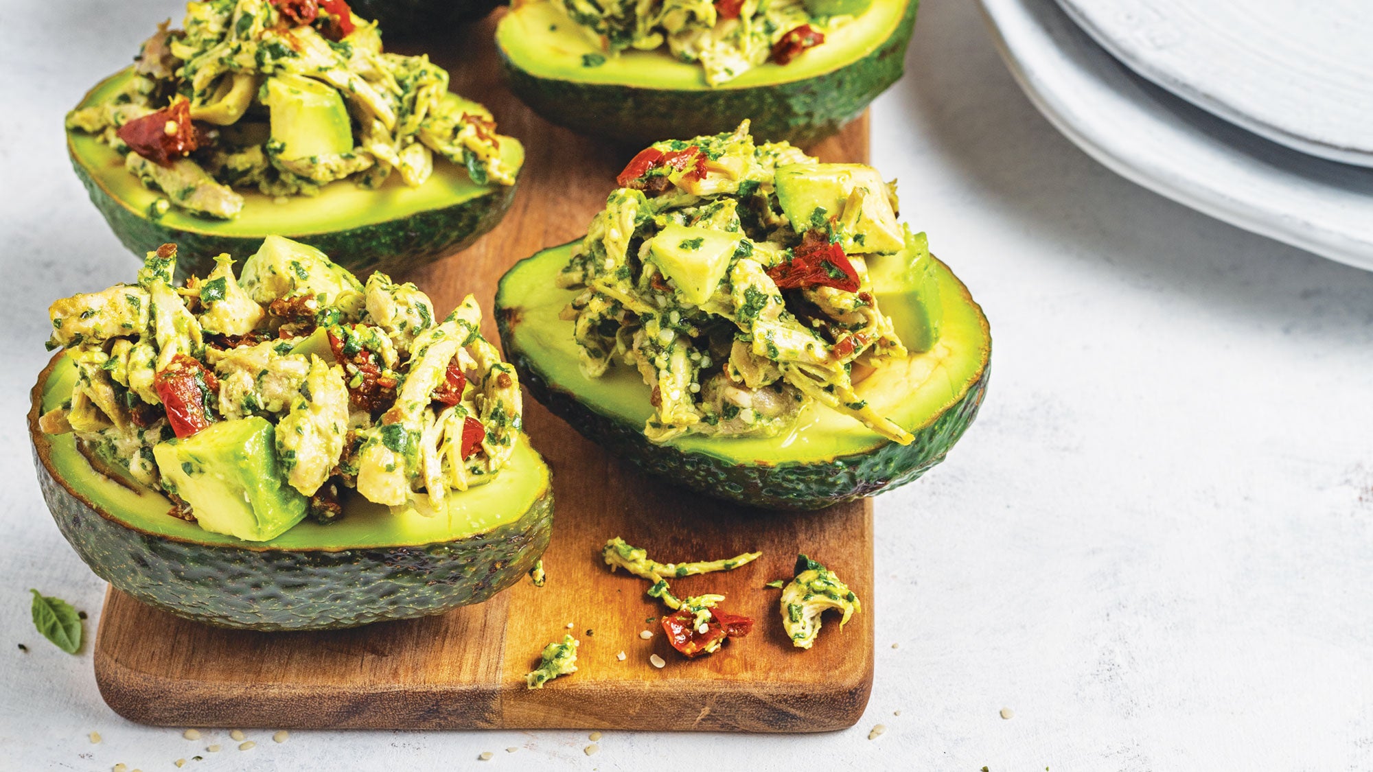 Pesto-Chicken-Salad-in-Avocado-Halves_90-web Pesto Chicken Salad in Avocado Halves recipe