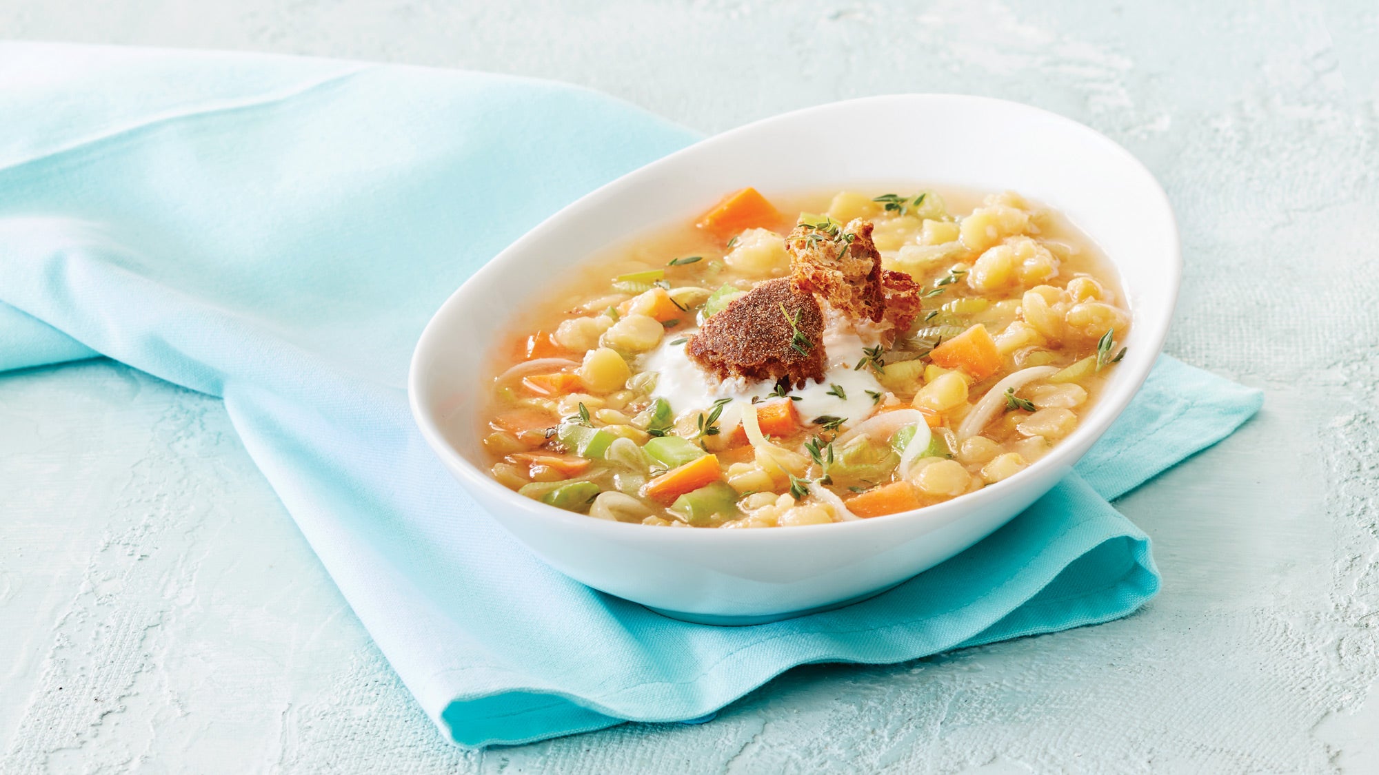 Yellow Split Pea Soup with Creme Fraiche & Torn Croutons recipe